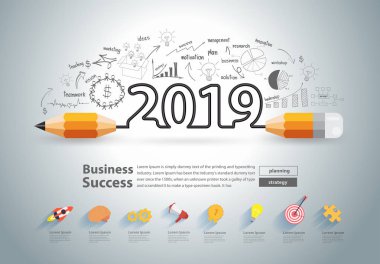 Çizim grafikler grafikler iş başarı strateji planı fikirler kavramı, yeni yıl 2019 takvim kapak, tipografik ilham, vektör çizim modern düzen şablonu tasarımı yaratıcı kalem tasarım