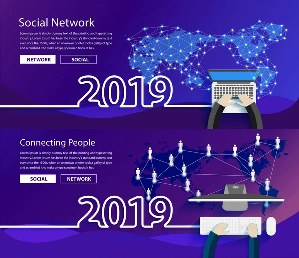 Nieuwjaar 2019 Wereldwijd Netwerk Verbinding Concepten Wereld Kaart Punt Lijn — Stockvector