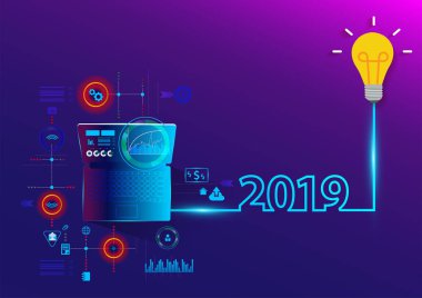 Dizüstü bilgisayar Pc, vektör çizim modern düzen şablonu tasarımı ile yaratıcı ampul fikir 2019 yeni yıl