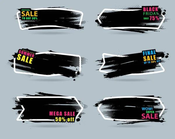 Diseño creativo de banner de ventas con conjunto de pintura negra, pincel de tinta — Vector de stock