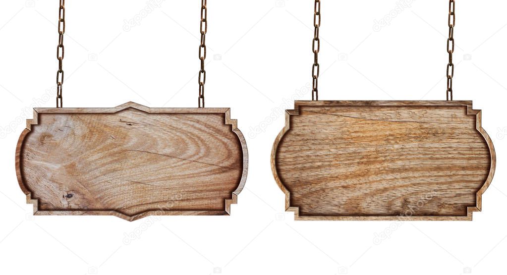 Wooden signs with chain on white background