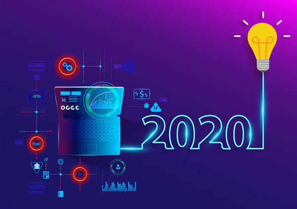 크리에이 티브 전구 아이디어 2020 새 해, 노트북 컴퓨터 Pc와, — 스톡 벡터