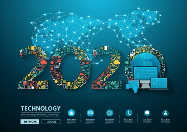 2020 nuovo anno innovazione aziendale tecnologia set icone delle applicazioni — Vettoriale Stock