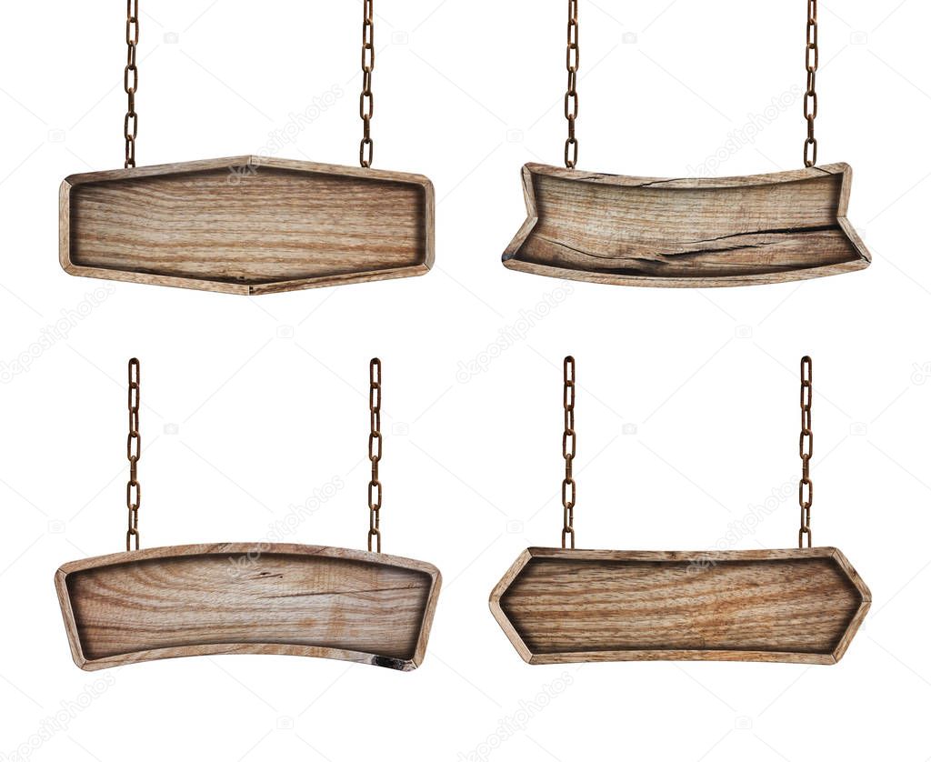 Set of wooden signs with chain on white background