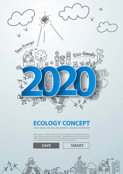 青いタグラベル2020クリエイティブな図面上の新年のテキストデザイン — ストックベクタ