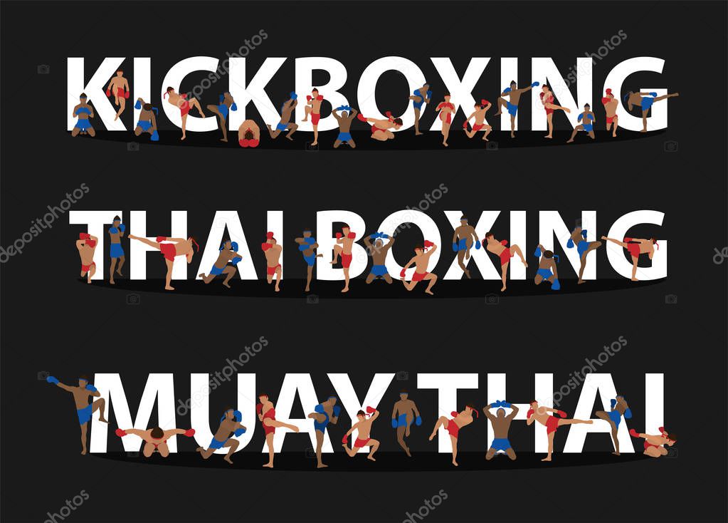 Kickboxing, Thai boxing, Muay Thai action on flat big letters