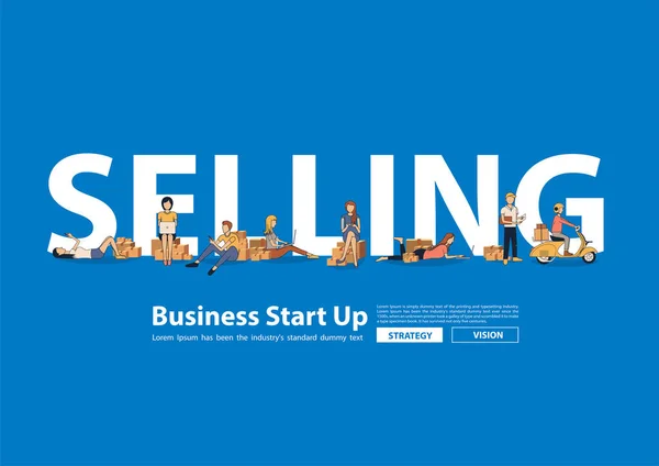 Vektor människor som säljer produkter online idé koncept med platta stora bokstäver, Startup Small Business ägare Young använder mobila prylar bärbar dator — Stock vektor