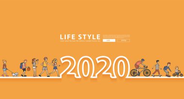 Happy New Year 2020 logo hattı metin tasarımı insan grubu ile egzersiz yaşam tarzı 