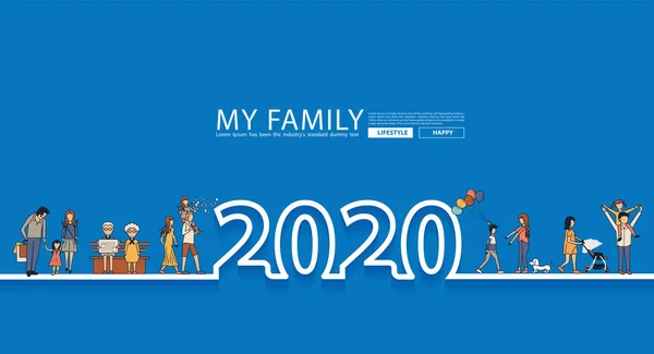 Diversão familiar feliz 2020 conceito de ideia de estilo de vida do ano novo em linha de design de texto —  Vetores de Stock