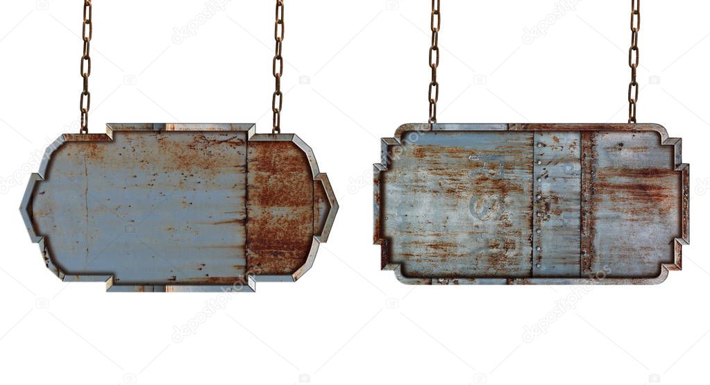 Metal plate sign board with chains isolated on white background
