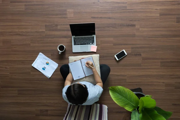 Top View Work Home Ideas Concept Women Working Laptop Computer — Stock Photo, Image