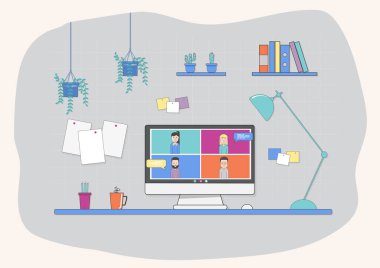 Video konferans illüstrasyonu. İş yeri, laptop ekranı, internetten konuşan bir grup insan. Akış, internet sohbeti, online tanışma arkadaşları. Uzak çalışma, teknoloji konsepti için vektör illüstrasyonu.