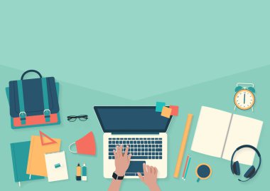 Masaüstünde dizüstü bilgisayarla ödev yap. Banner çantayla okula dönecek, eğitim, yaratıcılık ve eğitim ihtiyaçlarını karşılayacak. Düz Vektör İllüstrasyonu.