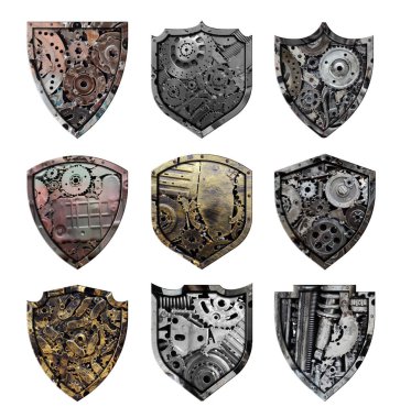 Metal işaret kalkanı dişli arka planı, beyaz üzerine izole