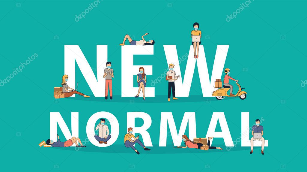 New normal ideas concept together in creative flat big letters, Group of people working with wearing medical masks to prevent disease, vector illustration