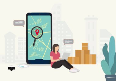 Çevrimiçi satış, çevrimiçi sipariş izleme, teslimat ve sevkiyat güzergahı, müşteri derecelendirme ve akıllı telefon ekranında gözden geçirme. Vektör illüstrasyonu.