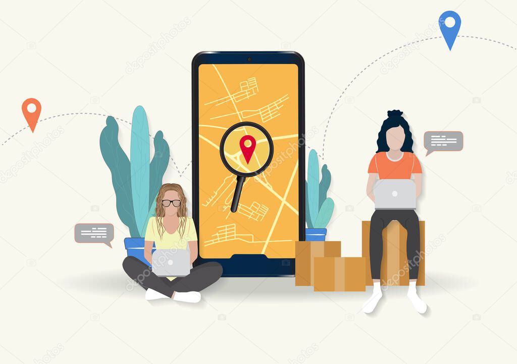 Women working online order tracking and review, answering customers' questions through their laptops. Business in her home. Vector illustration.