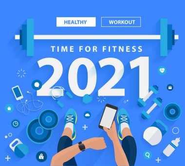2021 yeni yıl spor salonunda fitness için sağlıklı yaşam tarzı fikirleri konsept tasarım, vektör illüstrasyon modern düzen şablonu