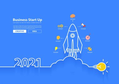 Vektör 2021 yeni yıl roket fırlatma yaratıcı ampul fikirleri, Startup business konsept tasarımı