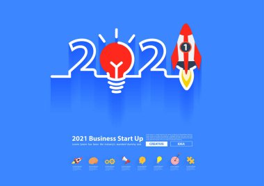 Vektör 2021 yeni yıl roket fırlatma yaratıcı ampul fikirleri, Startup business konsept tasarımı