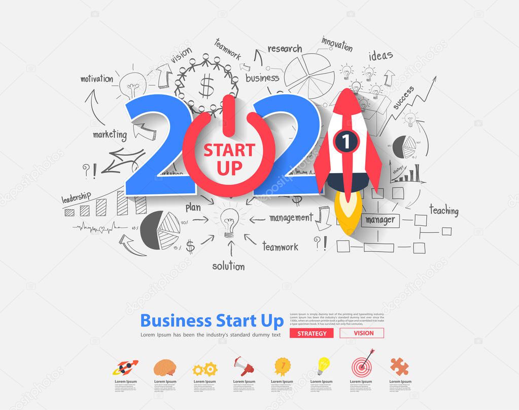 2021 new year startup ideas concept design, With creative thinking drawing charts and graphs business success strategy plan inspiration, Vector illustration layout template