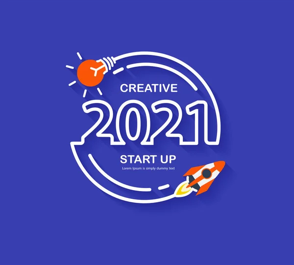 Startup Business 2021 Nieuwjaar Raket Lancering Met Creatieve Gloeilamp Ideeën — Stockvector