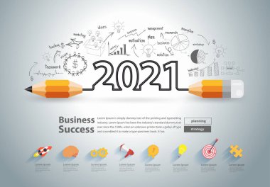 Çizelgeler üzerinde yaratıcı kalem tasarımı grafikler ticari başarı stratejisi fikirleri kavramı, yeni yıl 2021 takvim kapağı, vektör illüstrasyon modern tasarım şablonu