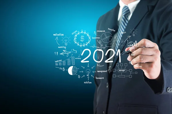 Business Man Tekening Nieuw Jaar 2021 Grafieken Business Succes Strategie — Stockfoto