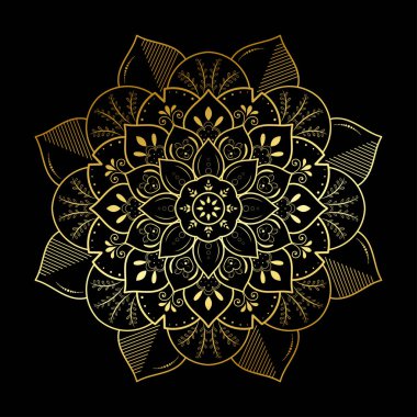 Altın renginde dairesel şirin çiçek mandala, vektör mandala doğu deseni, elle çizilmiş dekoratif element. Çiçekli eşsiz bir tasarım. Sayfa logosu için rahatlama ve meditasyon kullanımını kavra