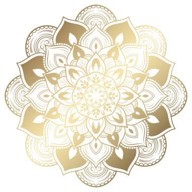 Altın renkli lüks yuvarlak mandala tasarımı, siyah arka planlı Vektör mandala desenleri, el yapımı dekoratif elementler. Çiçekli eşsiz bir tasarım. Sayfa logosu için rahatlama ve meditasyon kullanımını kavra