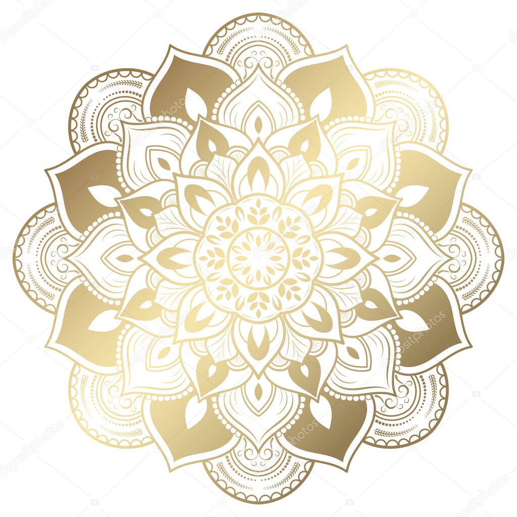 luxury round mandala design with gold color, Vector mandala floral patterns with black background, Hand drawn decorative element. Unique design with petal flower. Concept relax and meditation use for page logo book