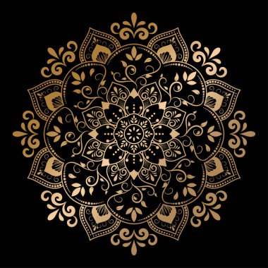 Altın renkli lüks yuvarlak mandala tasarımı, siyah arka planlı Vektör mandala desenleri, el yapımı dekoratif elementler. Çiçekli eşsiz bir tasarım. Sayfa logosu için rahatlama ve meditasyon kullanımını kavra