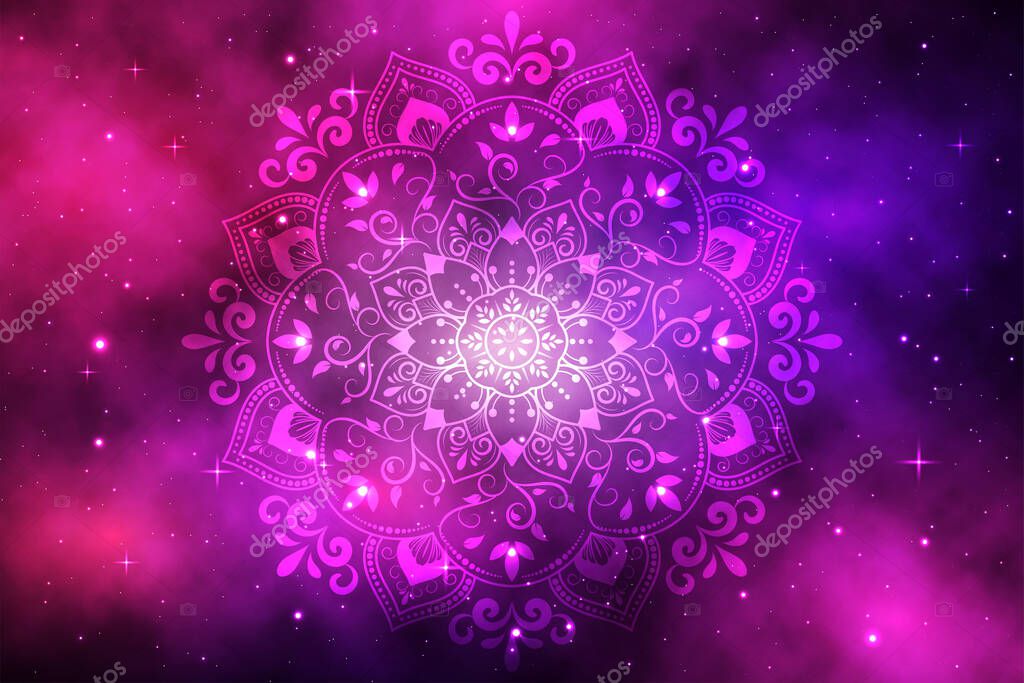 Circular Flower Mandala with galaxy background, Vector mandala Oriental pattern, Hand drawn decorative element. Unique design with petal flower. Concept relax and meditation use for page logo