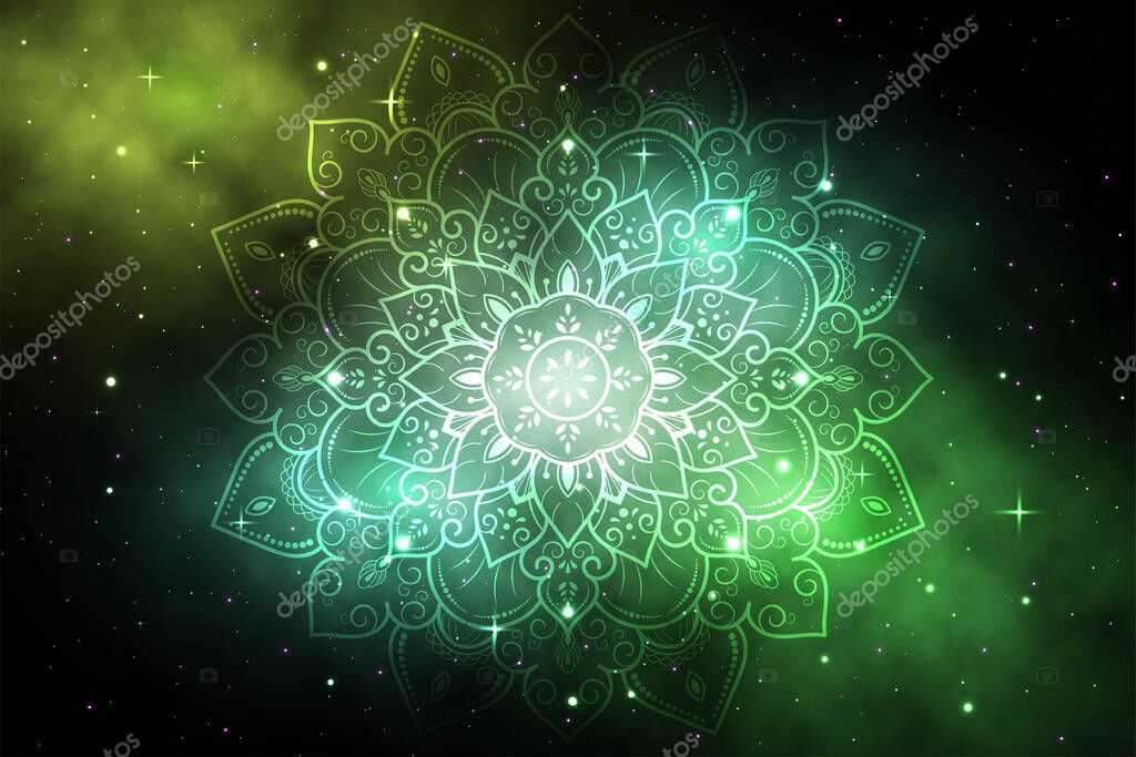 Circular Flower Mandala with galaxy background, Vector mandala Oriental pattern, Hand drawn decorative element. Unique design with petal flower. Concept relax and meditation use for page logo