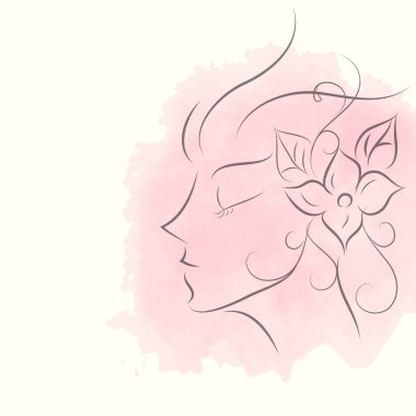 Çiçekli soyut kadın yüzü, pembe suluboya arka planlı profil görünümlü kız, vektör çizimi