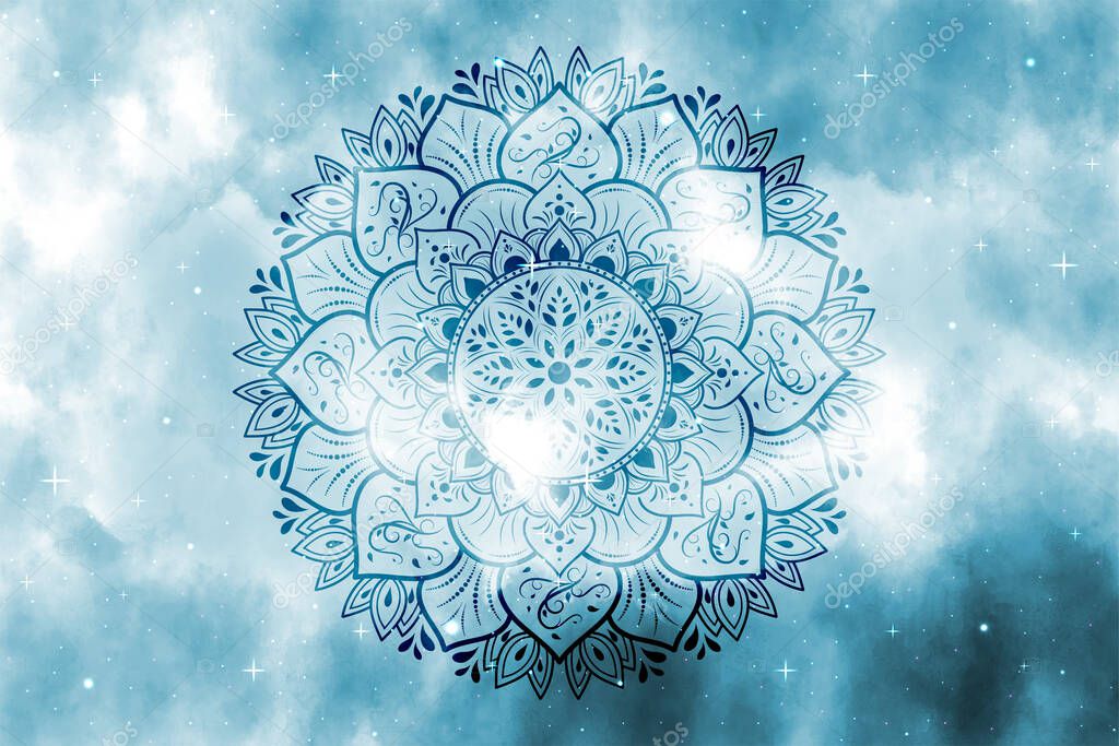 Space galaxy nebula background with mandala flower, Vector cosmos with colorful milky way, Galaxy at starry night, Vector illustration