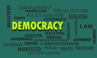 Demokrasi, hükümet faktörleriyle ilgili kelime bulutu üzerinde sunulan anlamlı bir kelime sanatıdır..