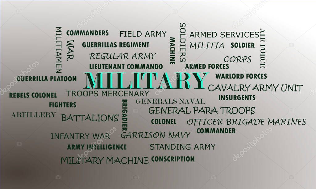 Military a official designation represents on word cloud abstract with related posts displayed for learning purpose.