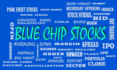 Blue chip Stock word connected to the stock market displayed with multiple synonymous words cloud texture background. clipart