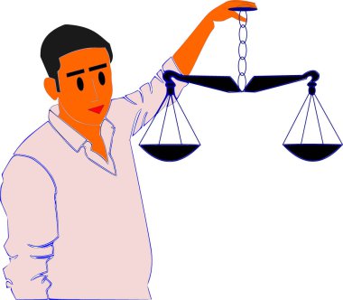 Elinde terazi tutan bir adam hukuku temsil eden sembolik desen çizim sanatı karikatürü tarzı.