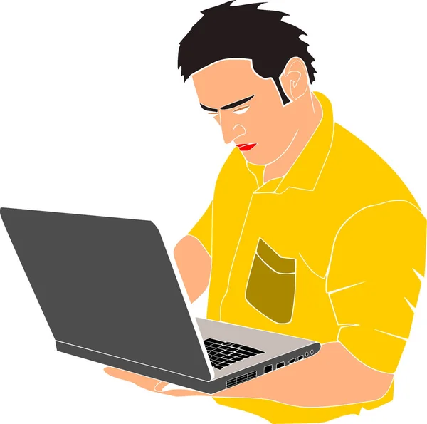 Ινδός Άνθρωπος Κινουμένων Σχεδίων Εργασίας Laptop Φορώντας Κίτρινο Χρώμα Επαγγελματική — Διανυσματικό Αρχείο
