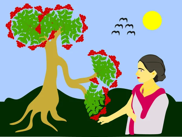 Una Mujer Pueblo Indio Dibujos Animados Tocando Flores Bosque Hermoso — Archivo Imágenes Vectoriales