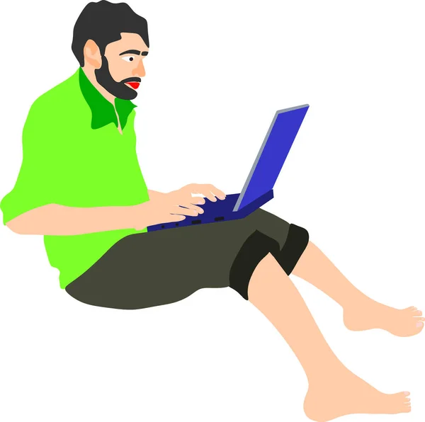 印度胡子男子卡通片 为提高技术意识而独立操作笔记本电脑 — 图库矢量图片