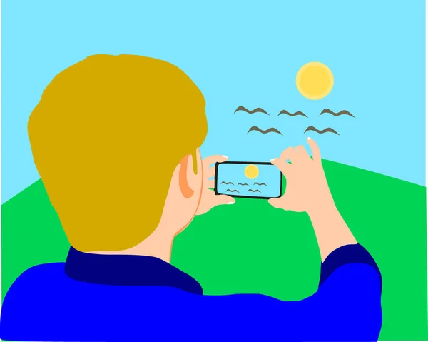 Uomo Cartone Animato Cliccando Immagine Smart Phone Intorno Naturale Bello — Vettoriale Stock
