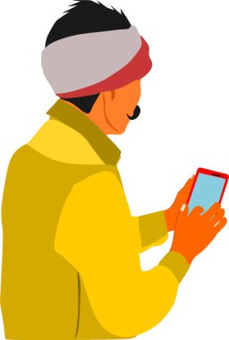 Dokunmatik ekran cep telefonu soyutlaması üzerinde çalışan fakir, genç bir köylü çizgi film çizimi..