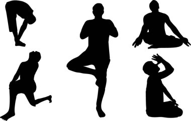 Beş poz erkek siyah gölgeler çizgi filmi beyaz arka planda izole yoga ve fitness eğitimi yapıyor..