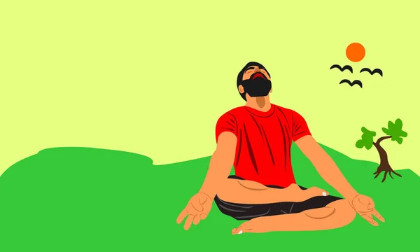 Una Caricatura Masculina India Haciendo Yoga Alrededor Del Ambiente Colorido — Archivo Imágenes Vectoriales