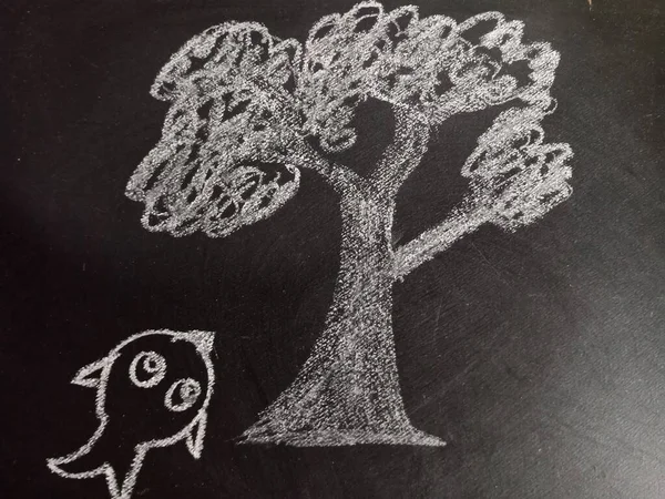 Peixe Engraçado Subir Árvore Desenho Animado Arte Desenho Quadro Negro — Fotografia de Stock