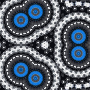 Simetrik geometrik süslemeli yaratıcı mavi ve beyaz desen. Süslü mozaik doku. Kaleydoskop soyut arkaplan soyut renkli klasik model. Renkli arkaplanda metal mozaiği.