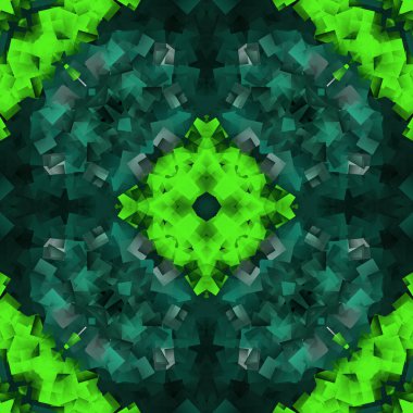 Çiçek kaleydoskop desenli soyut arkaplan. Yeşil, soyut fraktal kaleydoskop. Çiçek soyut fraktal desen geometrik simetrik süsleme.